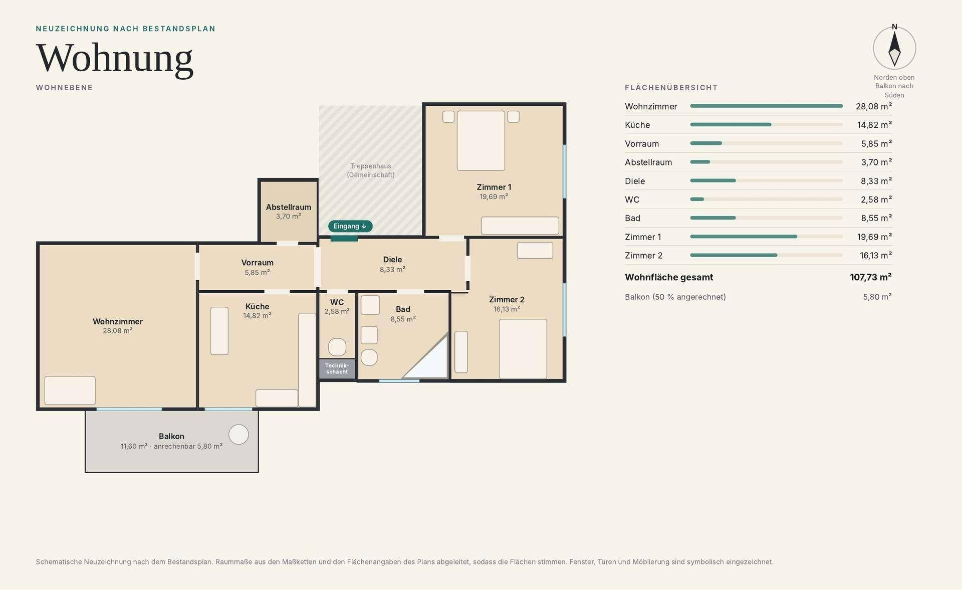 Grundriss einer Wohnung mit Wohnzimmer, Küche, zwei Schlafzimmern und Balkon.