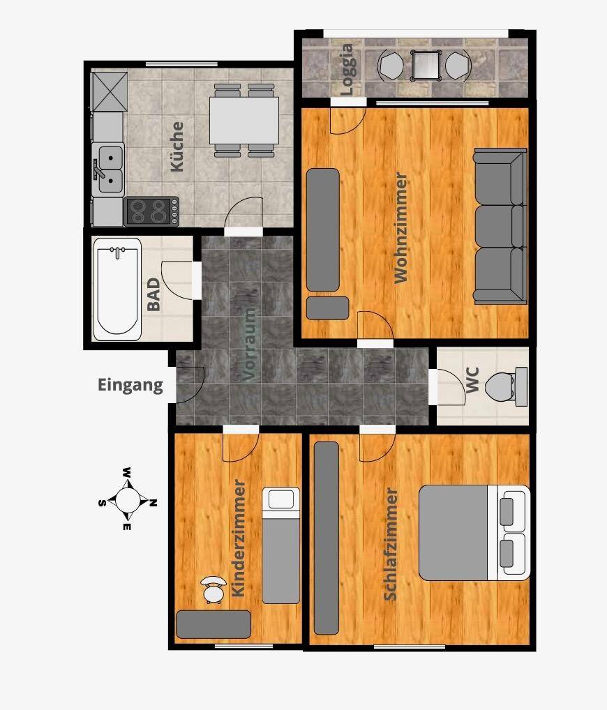 Grundriss der Wohnung mit Küche, Wohnzimmer, Schlafzimmern, Bad und Loggia.