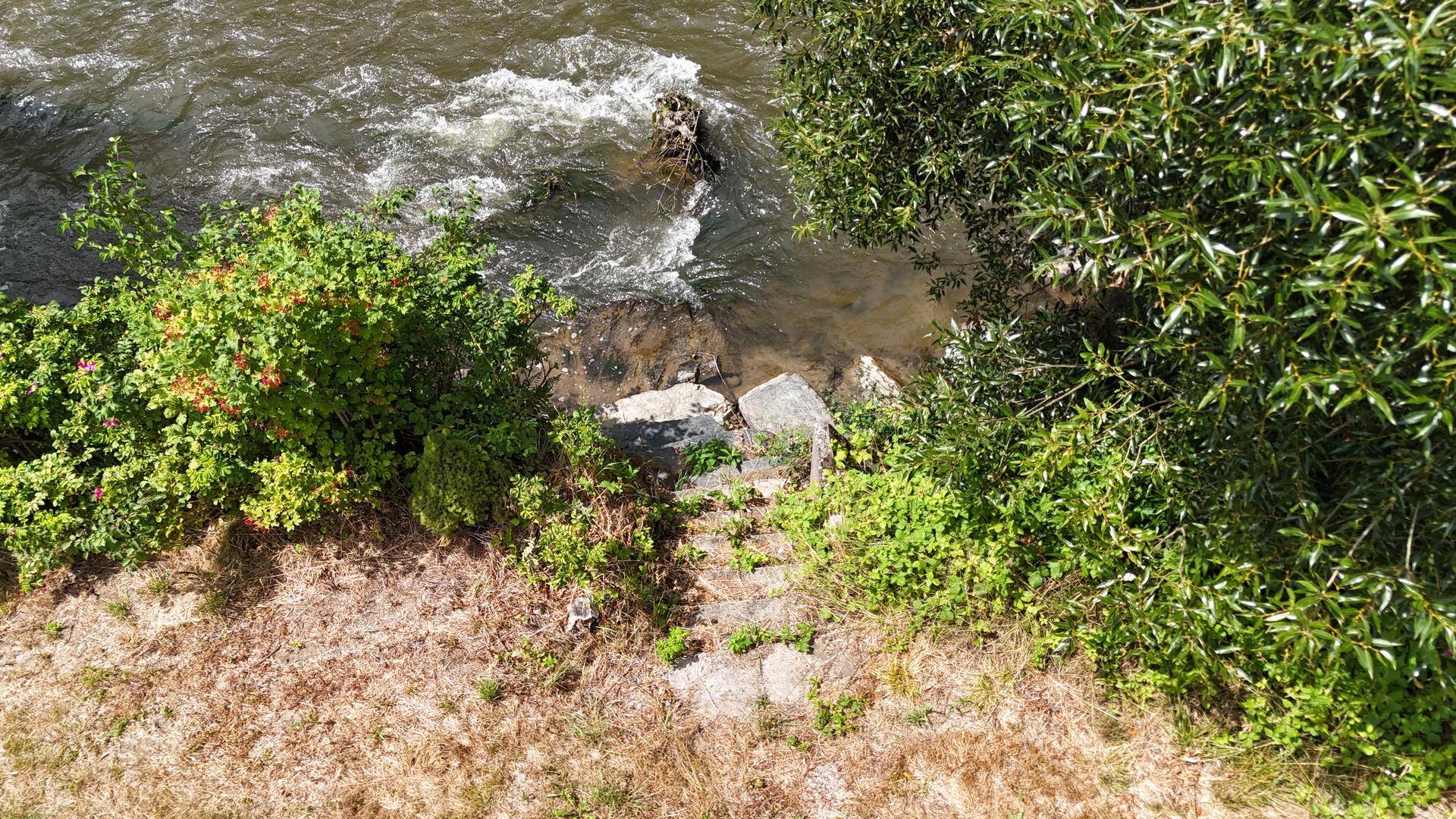 Blick von oben auf einen Flussuferbereich mit steinernen Stufen und üppiger Vegetation.