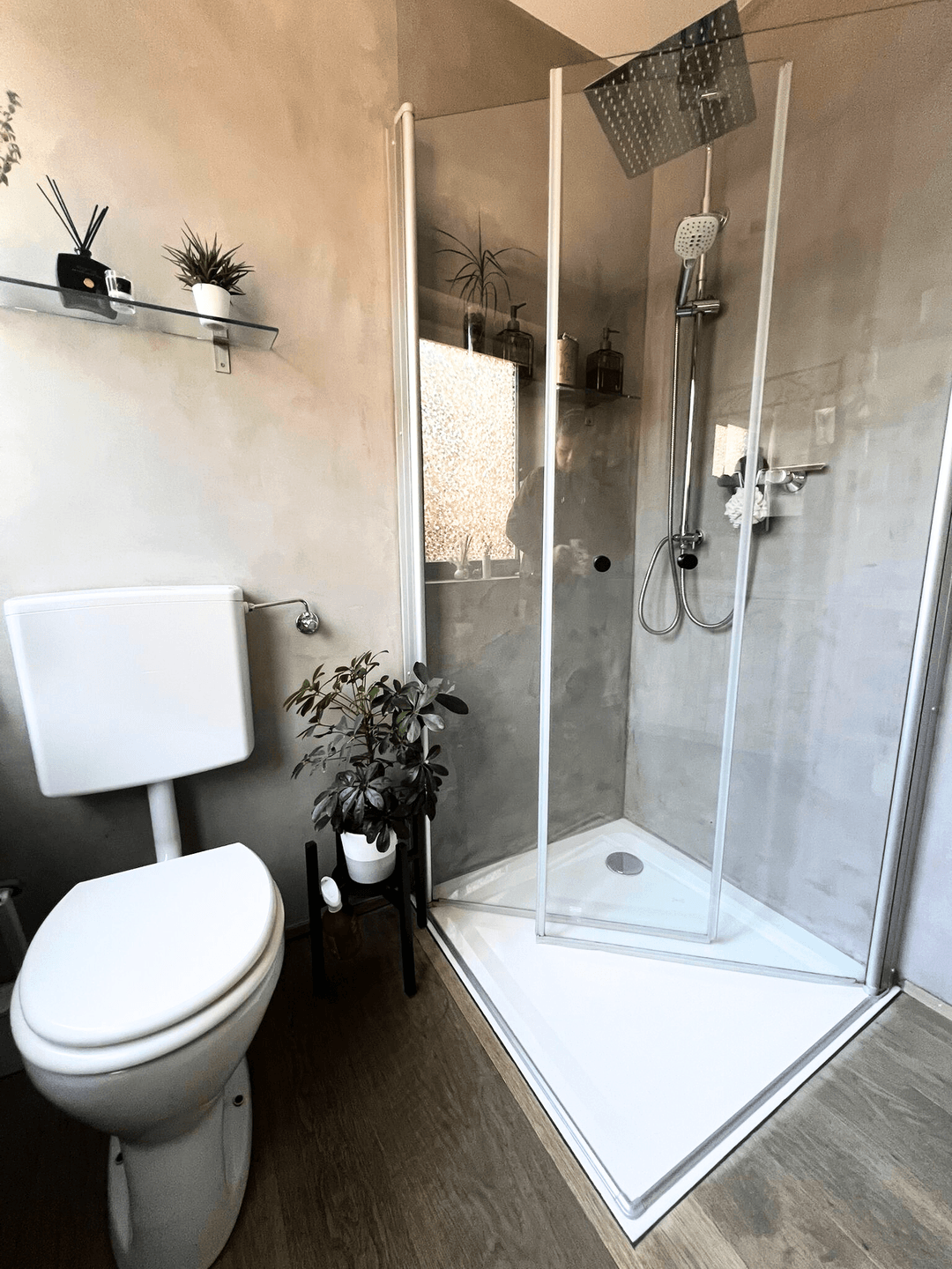Badezimmer mit moderner Eckdusche, Toilette und einer Pflanze als Dekoration.