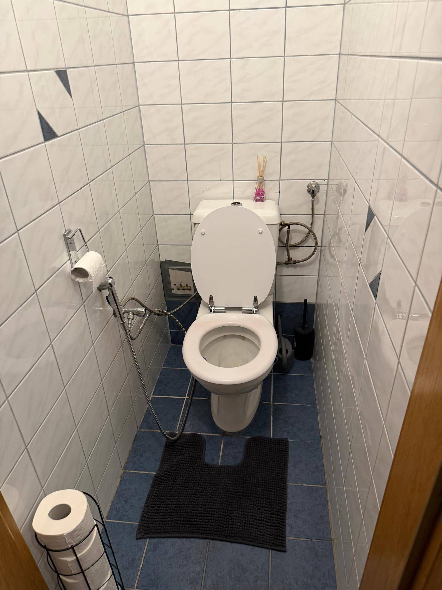 Kleines WC mit Fliesen an Wänden und Boden, ausgestattet mit Toilette und Bidet-Brause.
