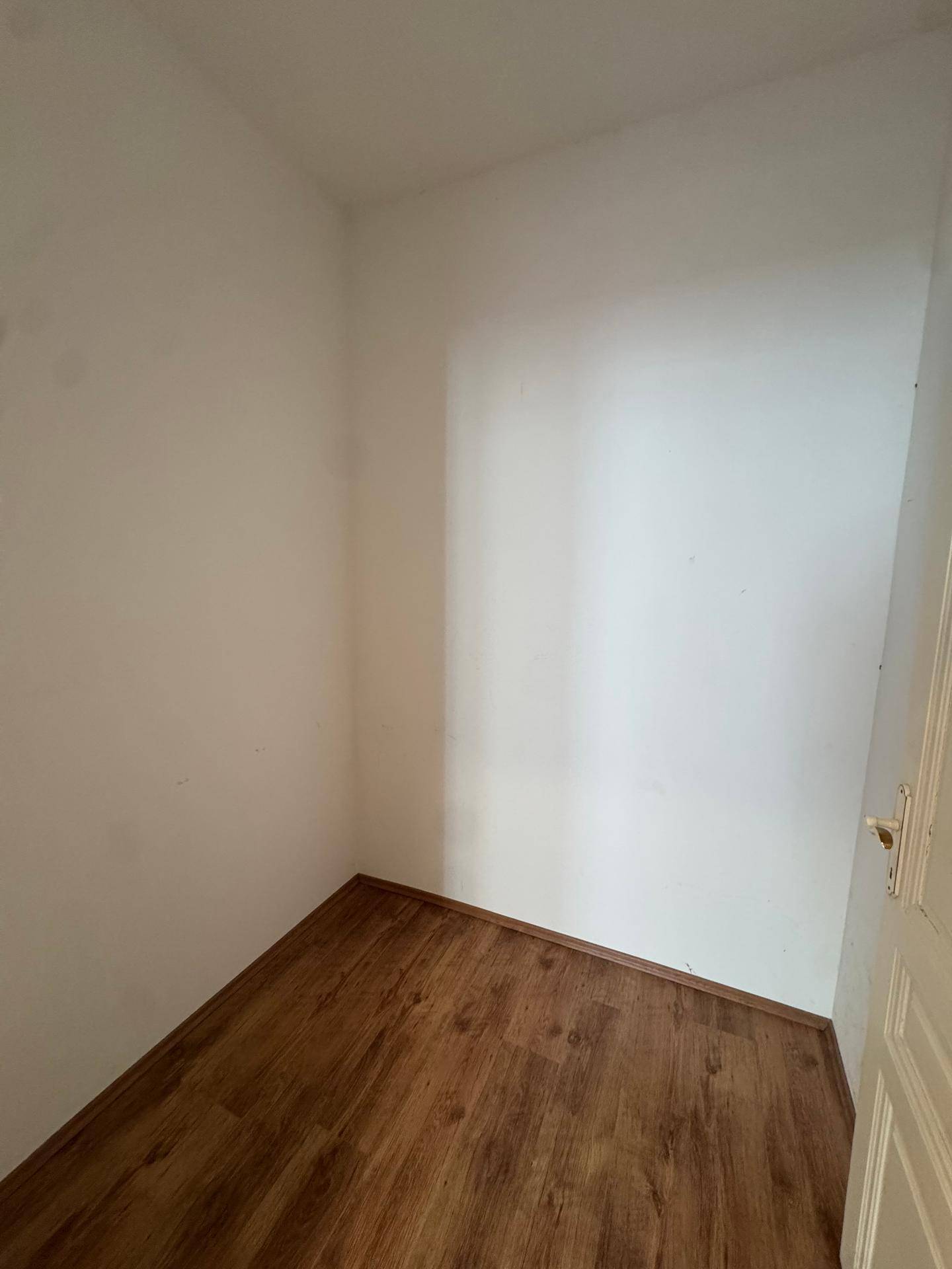 Kleiner, leerer Abstellraum mit Laminatboden und weißen Wänden, ideal für zusätzlichen Stauraum.