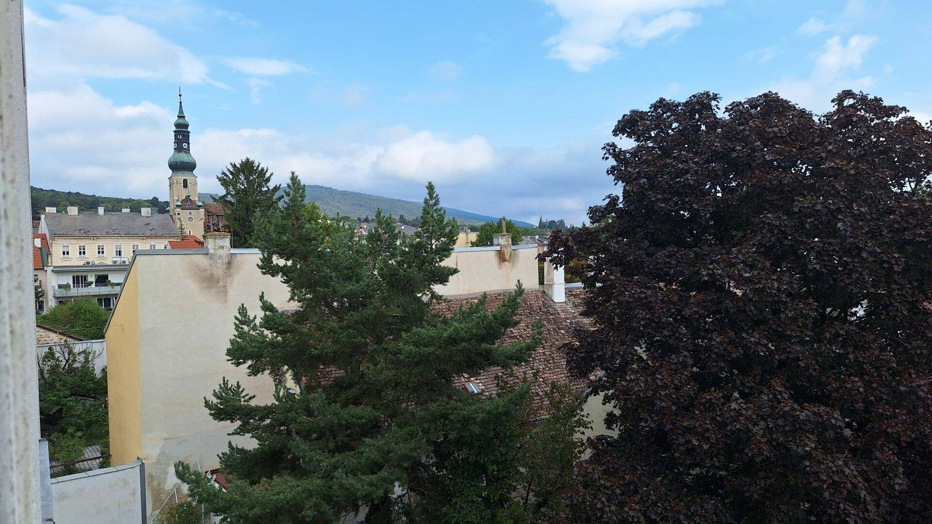 Blick aus dem Fenster auf die Stadt mit Kirchturm und grünen Bäumen.