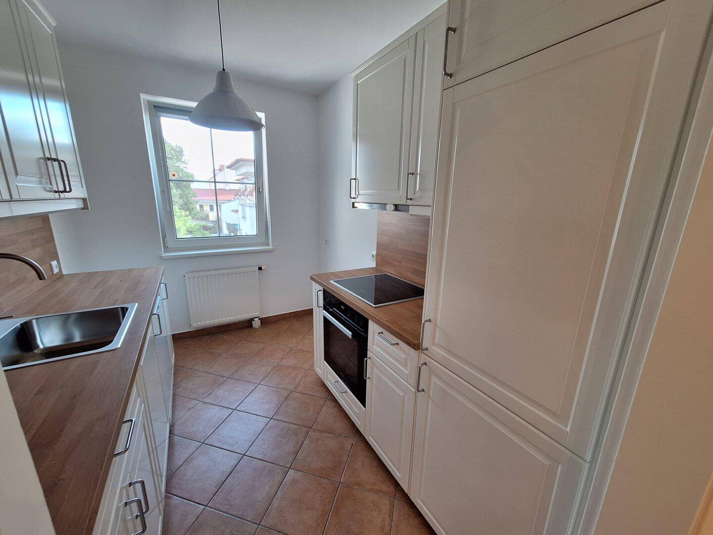 Küche mit integriertem Backofen, Induktionskochfeld und weißen Schränken.