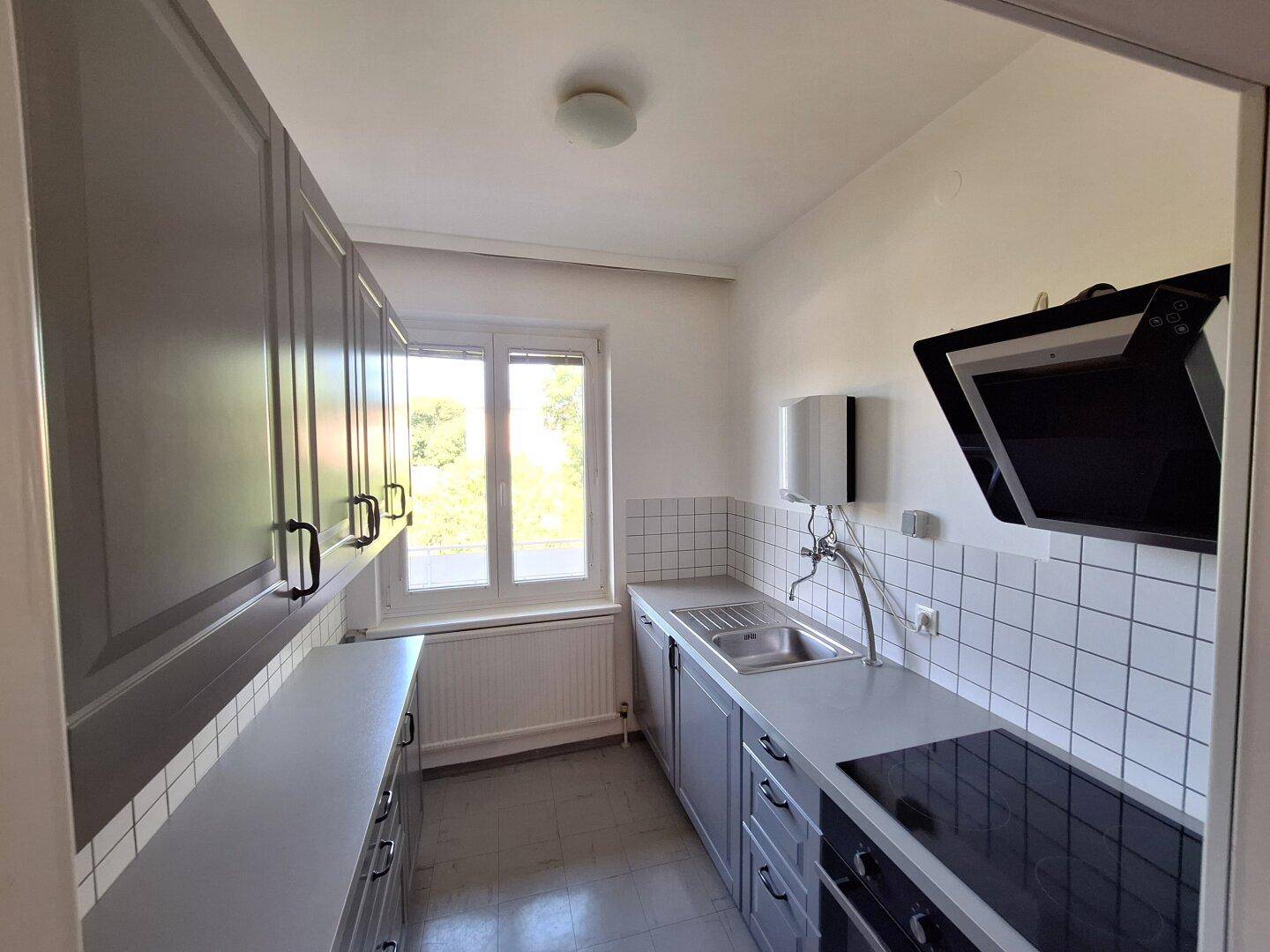 Funktionale Küche mit grauen Schränken, Induktionskochfeld und Fenster für Tageslicht.