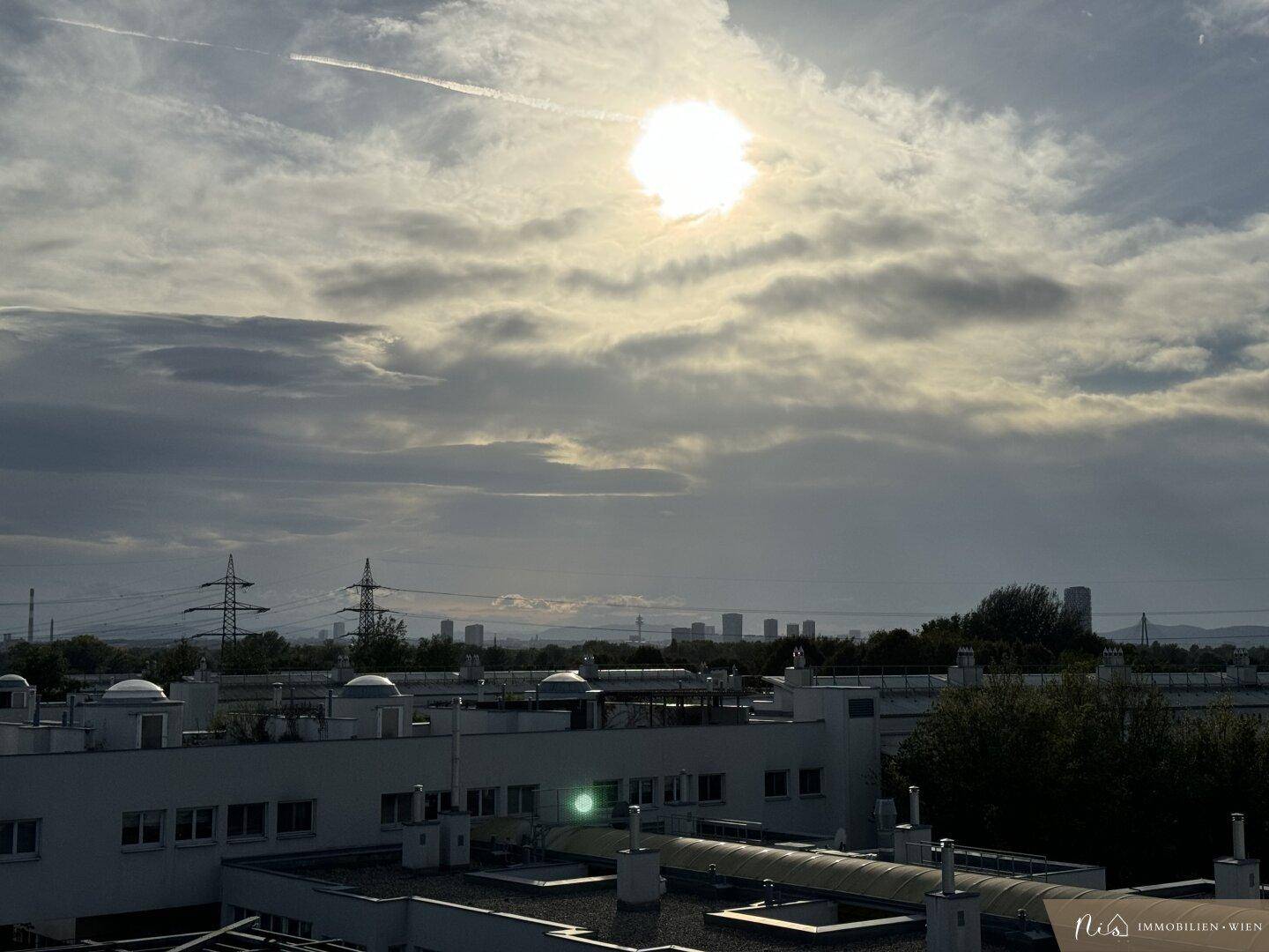 Weitläufiger Blick über die Stadtlandschaft bei Sonnenuntergang mit Industriegebäuden.