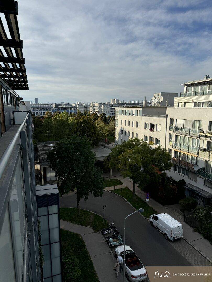 Panoramablick auf eine Wohngegend mit Bäumen, Straße und modernen Gebäuden.