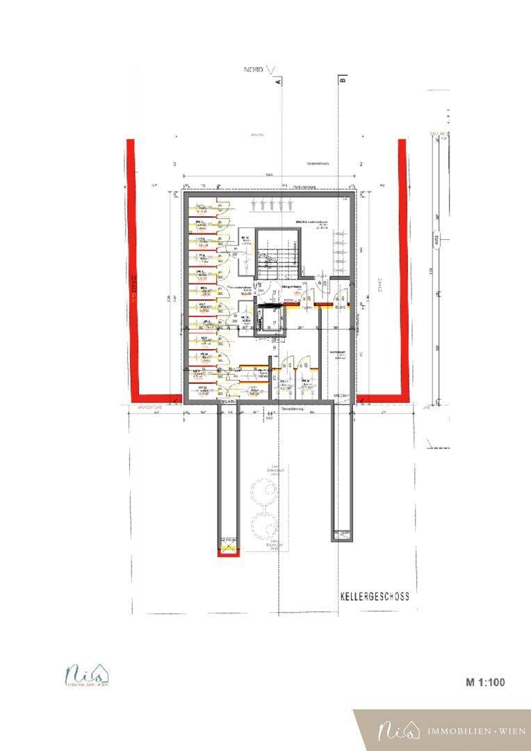 Übersichtlicher Grundriss des Kellergeschosses mit Abstellräumen und Technikbereichen.