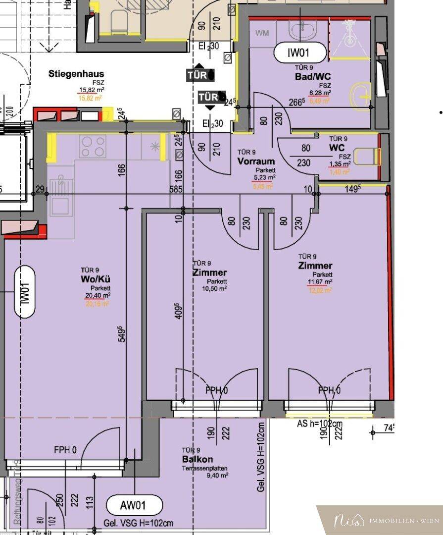 Detaillierter Grundriss einer Wohnung mit drei Zimmern, Bad und Balkon.