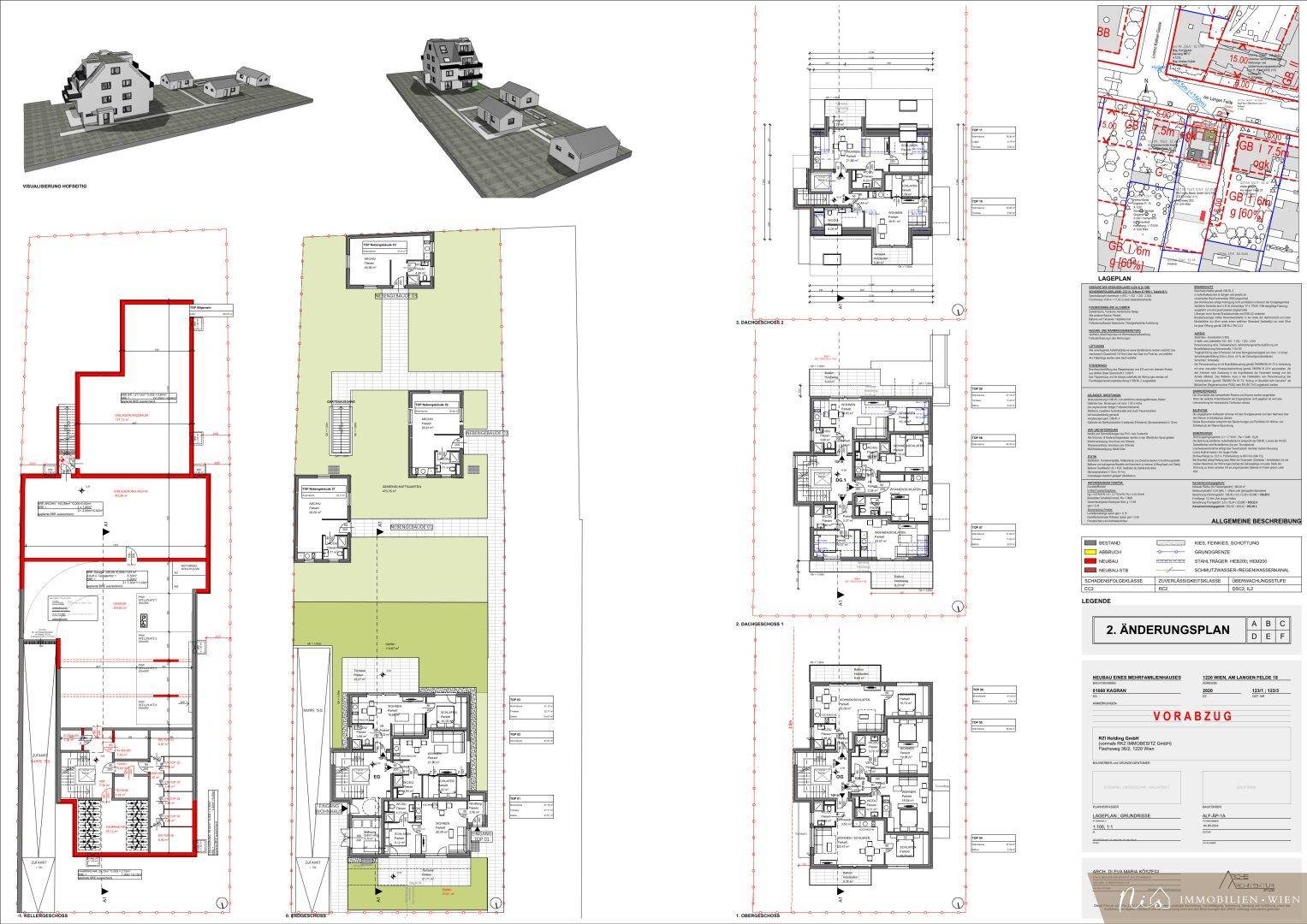 Umfassender Planungsentwurf mit Grundrissen, Lageplan und 3D-Visualisierungen eines modernen Neubaus mit mehreren Wohneinheiten.