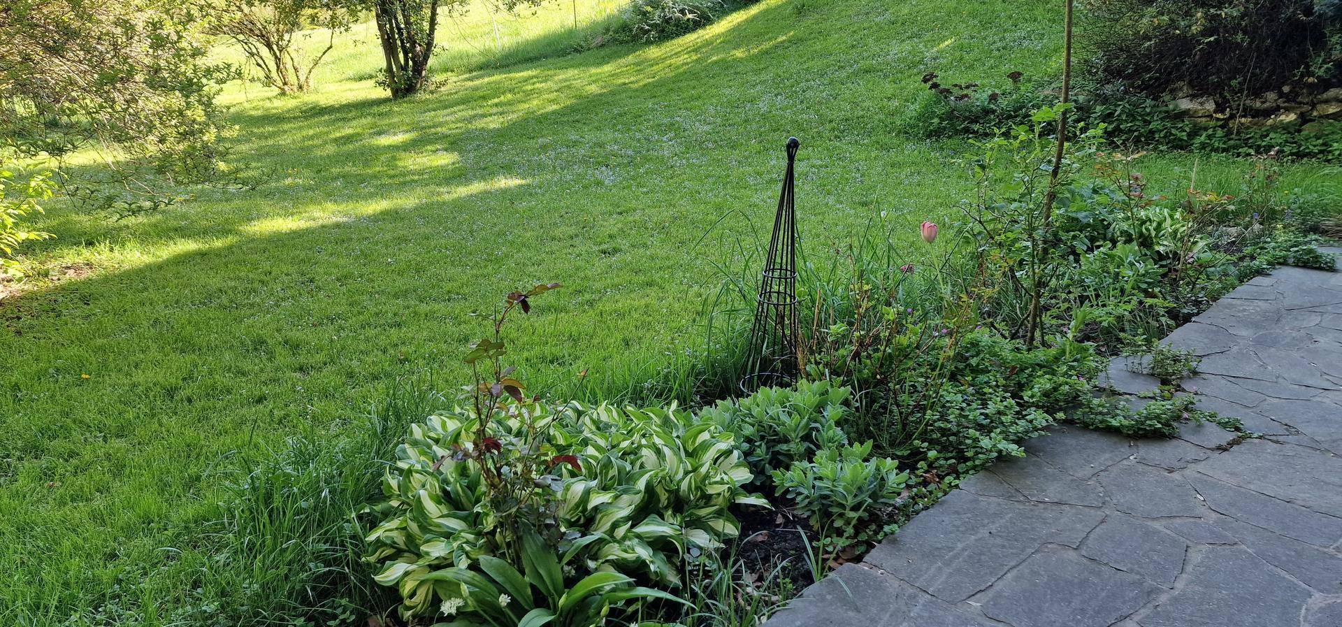 Gepflegter Gartenbereich mit Rasenfläche, Blumenbeeten und Steinweg.