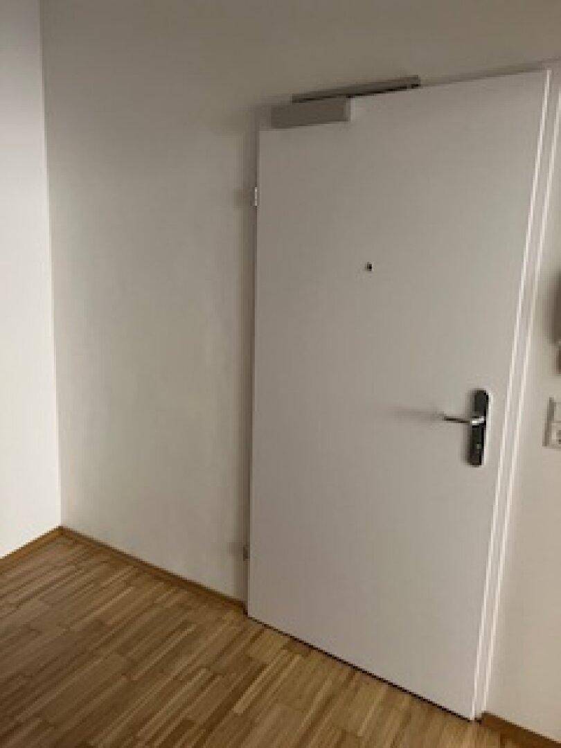 Weiße Eingangstür mit Türspion und Türschließer, umgeben von hellem Holzfußboden.