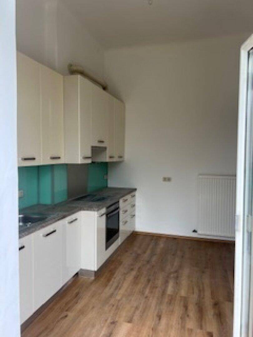 Funktionale Küche mit hellen Schränken, Granitarbeitsplatte und Holzboden.