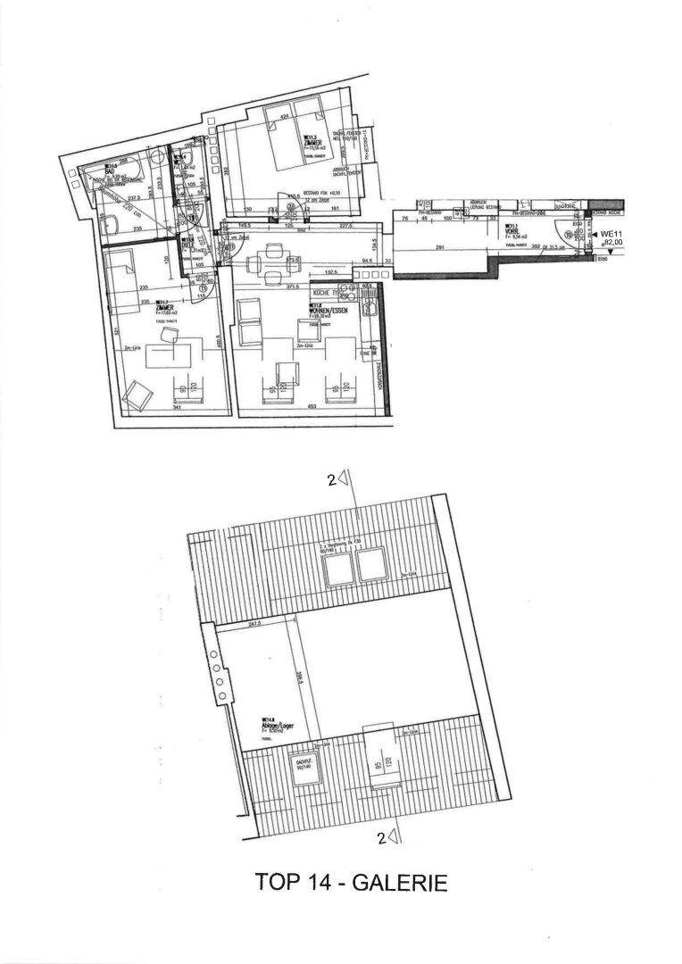 Detaillierter Grundriss einer zweistöckigen Wohnung mit offener Galerie, mehreren Schlafzimmern und großem Balkon.
