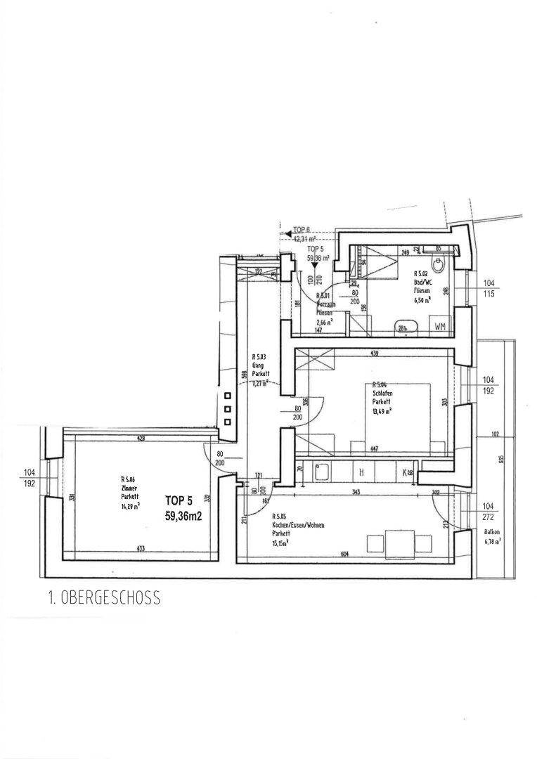 Grundriss des ersten Obergeschosses mit Raumaufteilung und Flächenangaben.
