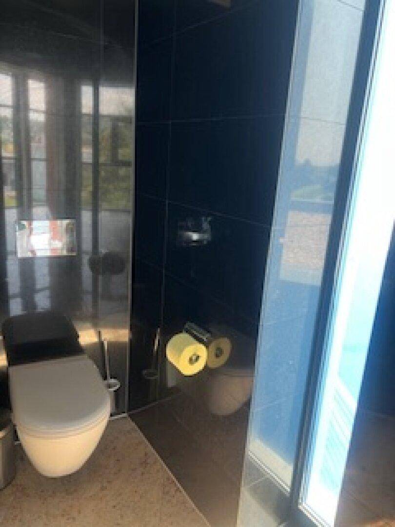 Modernes Badezimmer mit schwarzen Fliesen und wandhängender Toilette, die eine elegante Optik bietet.
