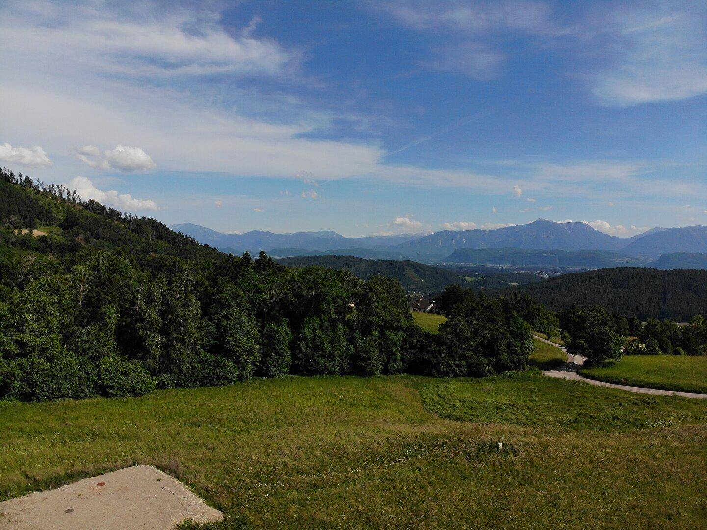 Grundstück am Waldrand mit weitem Blick über die grüne Landschaft und die imposanten Alpen.