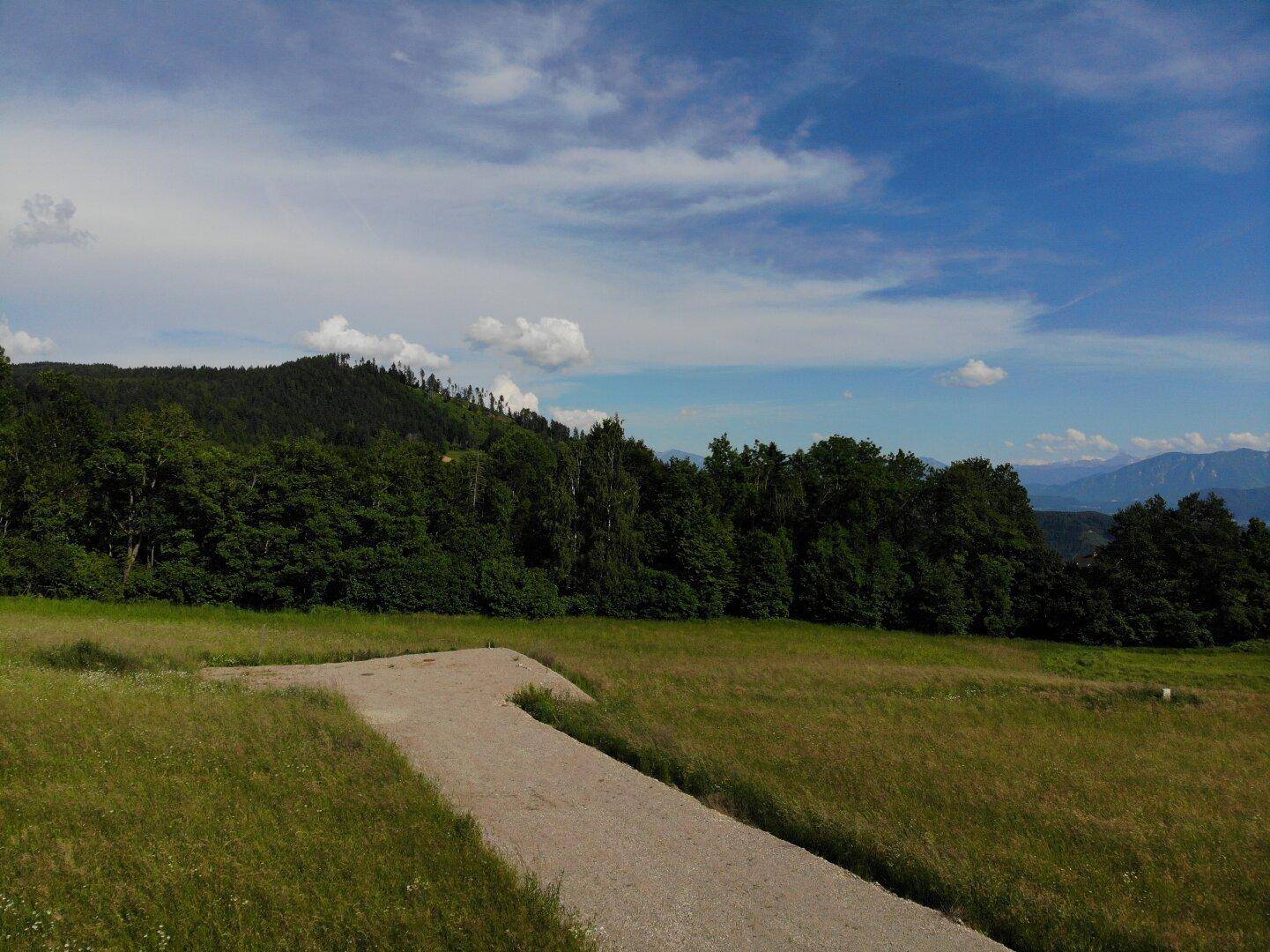 Grundstück mit Zufahrtsweg am Waldrand und Blick auf die bewaldeten Hügel unter blauem Himmel.
