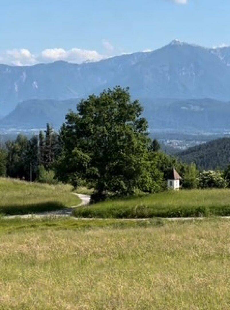 Idyllische Landschaft mit einem großen Baum, einer kleinen Kapelle und majestätischen Bergen im Hintergrund.