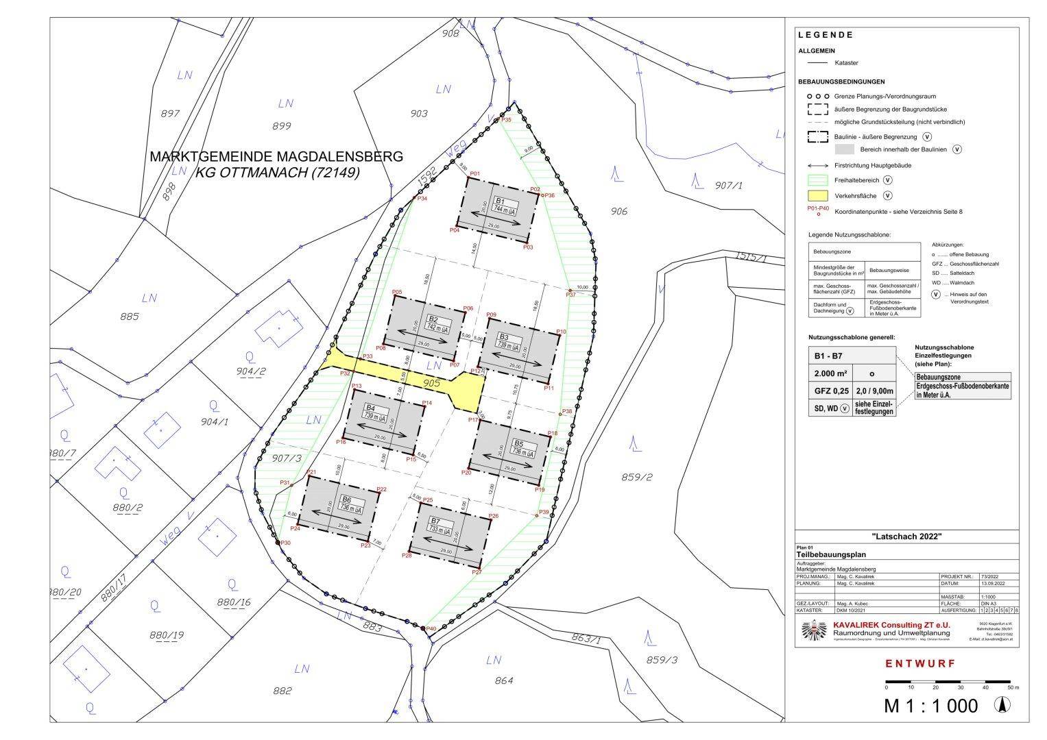 Übersichtsplan für ein Bauprojekt mit mehreren Parzellen und geplanten Gebäuden in ländlicher Umgebung.