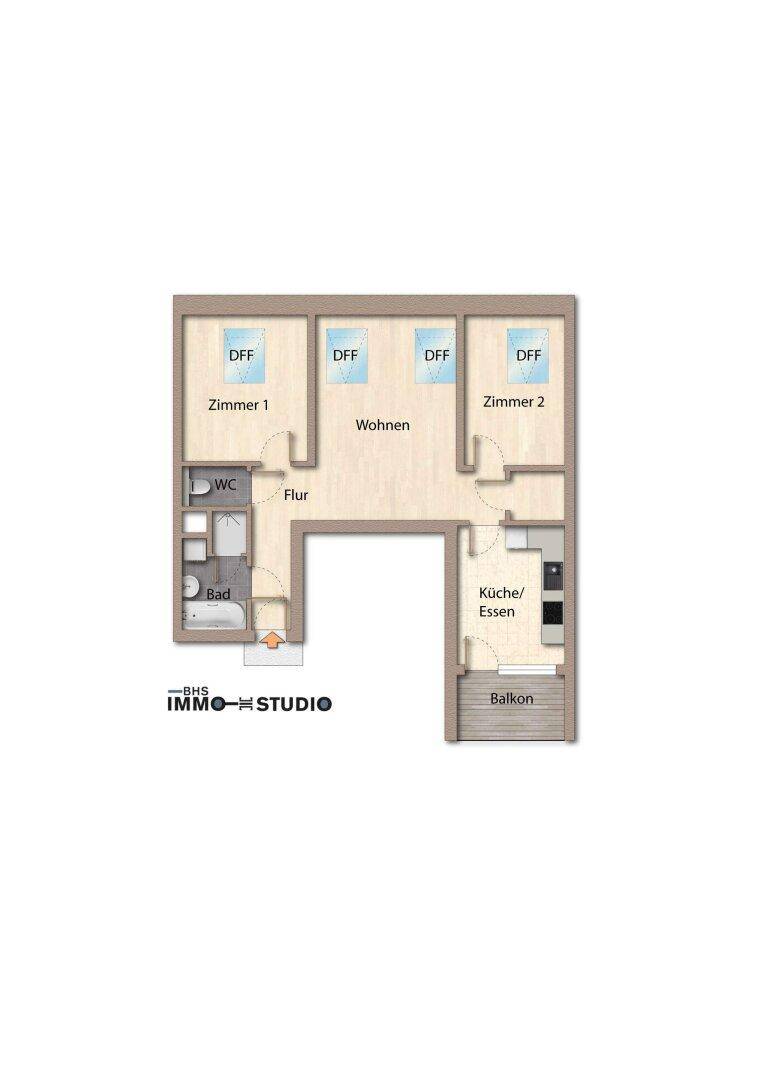 Grundriss einer Wohnung mit zwei Zimmern, Wohnbereich, Bad, WC, Küche und Balkon.