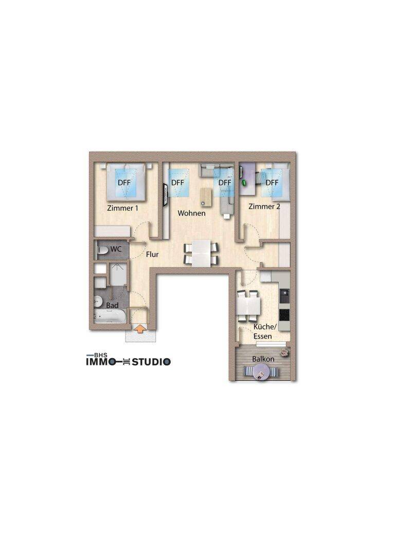 Detaillierter Grundriss einer Wohnung mit Möblierungsvorschlägen für Wohn- und Essbereich.