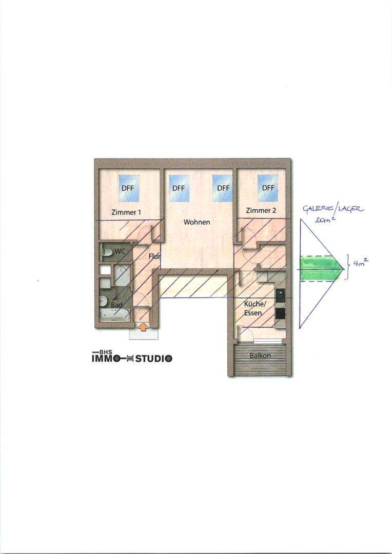 Grundriss mit eingezeichneter Galerie/Lagerfläche von 20m² und zusätzlichem Bereich von 4m².