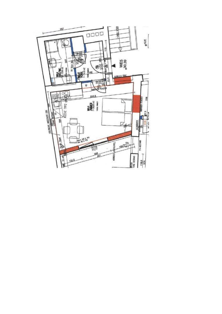 Technischer Grundriss mit detaillierten Maßen und Raumaufteilung für Küche, Bad und Zimmer.