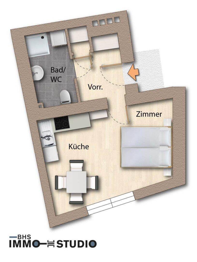 Farbiger Grundriss mit Möblierung, der Küche, Zimmer, Bad/WC und Vorraum übersichtlich darstellt.
