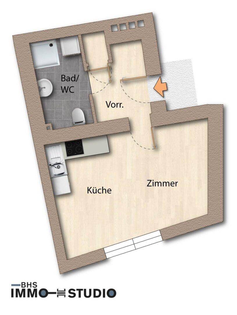 Übersichtlicher Grundriss mit Möblierung, der die Raumaufteilung von Küche, Zimmer, Bad/WC und Vorraum zeigt.