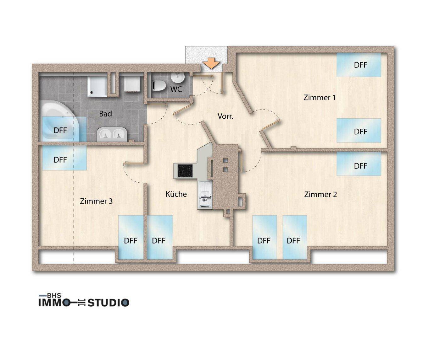 Grundriss einer Wohnung mit drei Zimmern, separater Küche, Bad und Gäste-WC.
