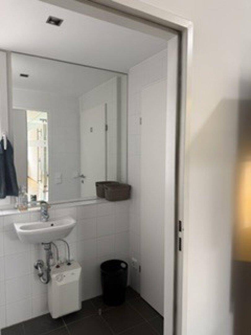 Waschbeckenbereich mit Spiegel, weißem Waschbecken und dunklem Fliesenboden in einem Badezimmer.