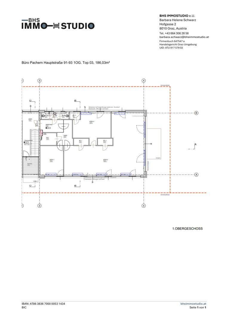 Grundriss des Obergeschosses mit einer klaren Raumaufteilung und einem Balkon.