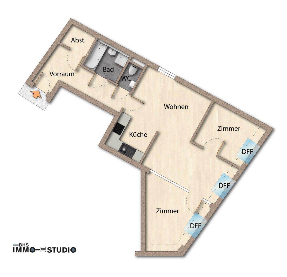Grundriss einer Wohnung mit separater Küche, Wohnzimmer, zwei Zimmern und Bad.