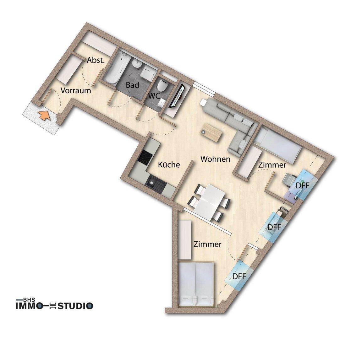 Möblierter Grundriss einer Wohnung mit Wohn-, Ess- und Schlafbereichen.