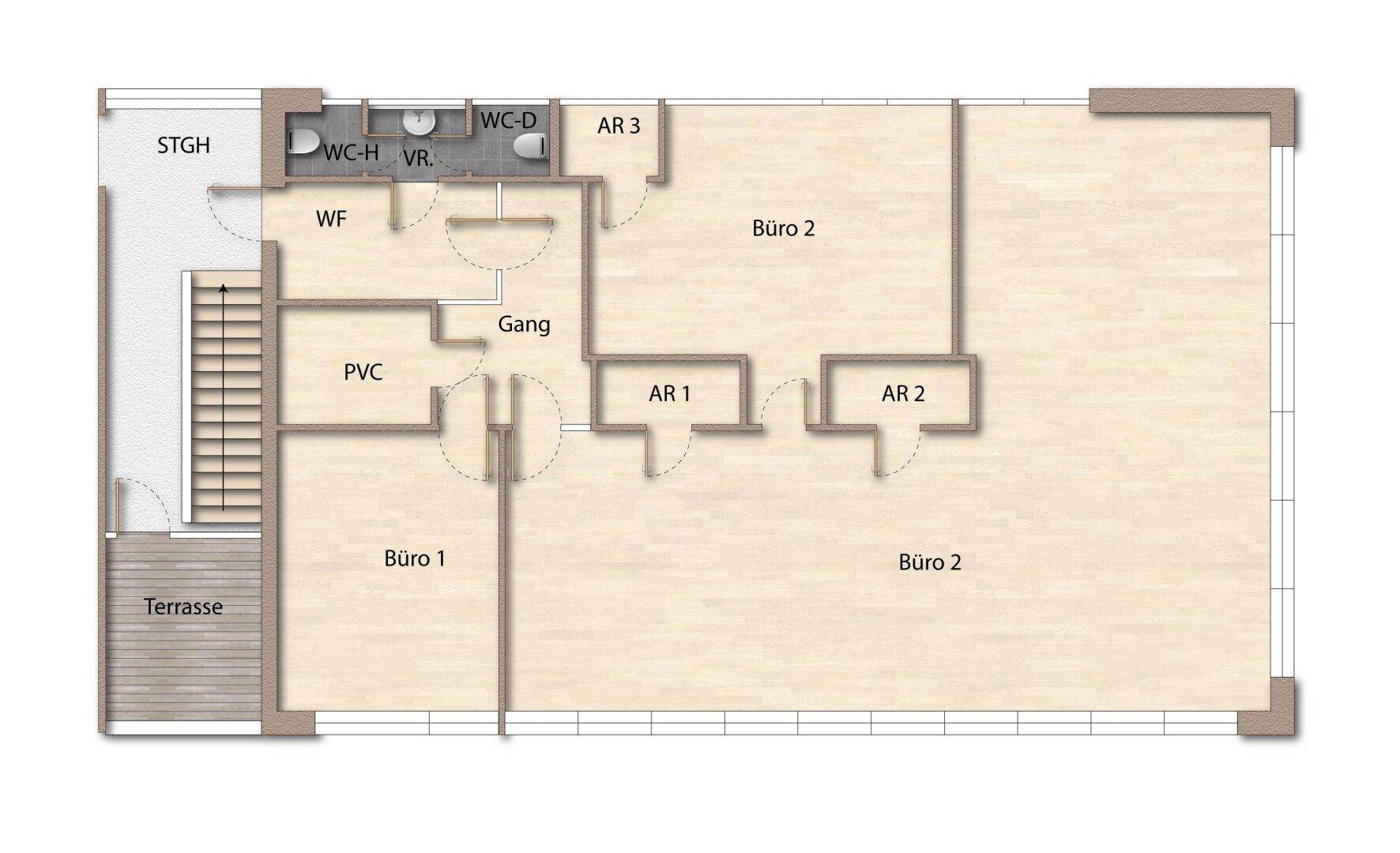 Grundriss eines Bürogeschosses mit mehreren Büroräumen, zwei Toiletten und einer Außenterrasse.