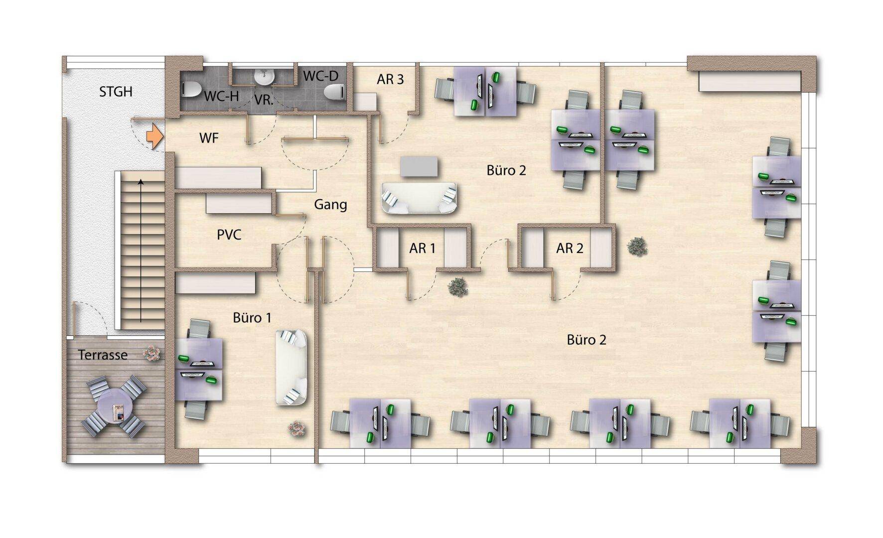 Möblierter Grundriss eines Bürogeschosses mit zahlreichen Arbeitsplätzen, Toiletten und einer Terrasse.