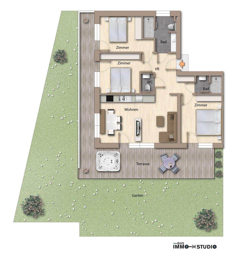 Detaillierter Grundriss mit offener Wohnküche, drei Zimmern, zwei Bädern, Terrasse mit Whirlpool und Garten.