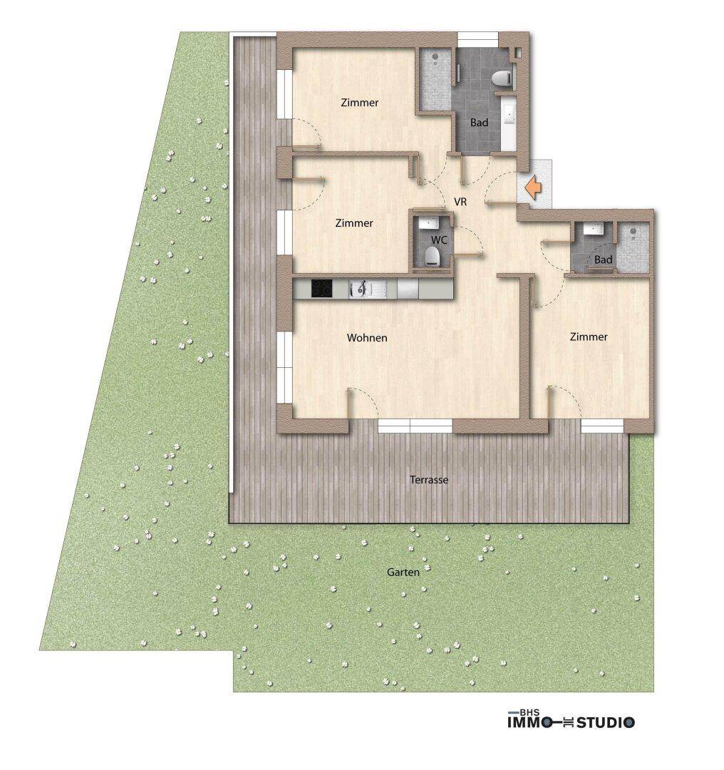 Übersichtlicher Grundriss mit offener Wohnküche, drei Zimmern, zwei Bädern, großer Terrasse und angrenzendem Gartenbereich.