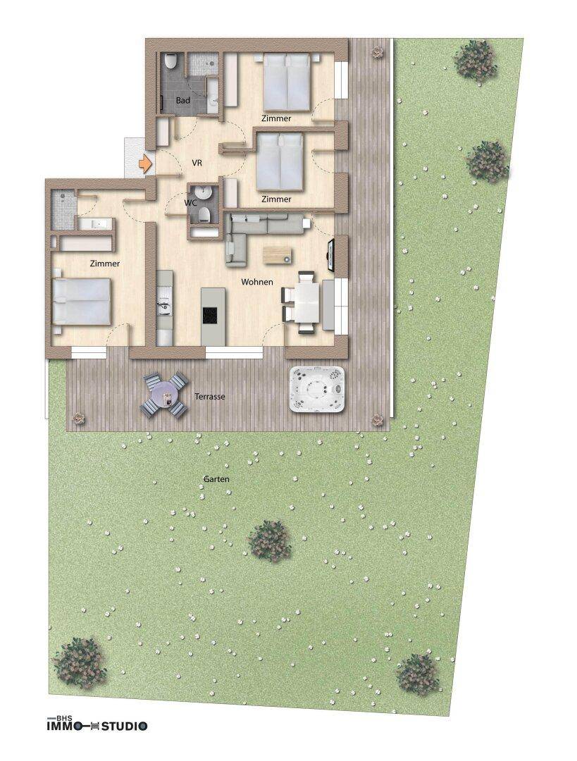 Grundrissansicht mit möbliertem Wohnbereich, drei Schlafzimmern, zwei Bädern, großer Terrasse inklusive Whirlpool und Garten.