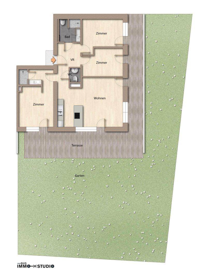 Klarer Grundriss mit funktionaler Raumaufteilung, offener Wohnküche, drei Zimmern, zwei Bädern und Zugang zu Terrasse und Garten.