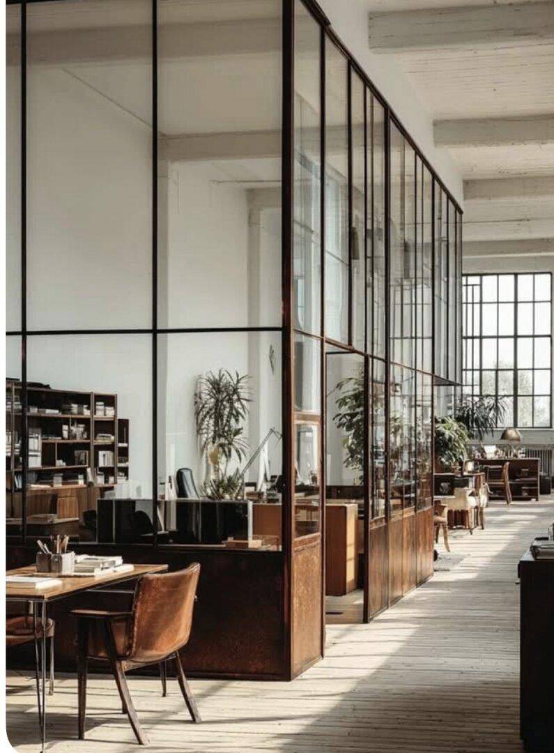 Großes, offenes Büro mit Glaswänden, Holzböden und vielen Pflanzen, das viel natürliches Licht erhält.