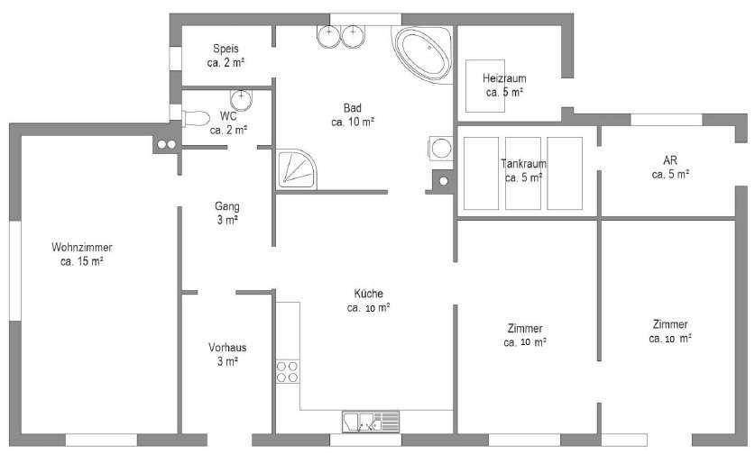 Grundrissplan des Erdgeschosses mit Wohnzimmer, Küche, Bad und zwei weiteren Zimmern.