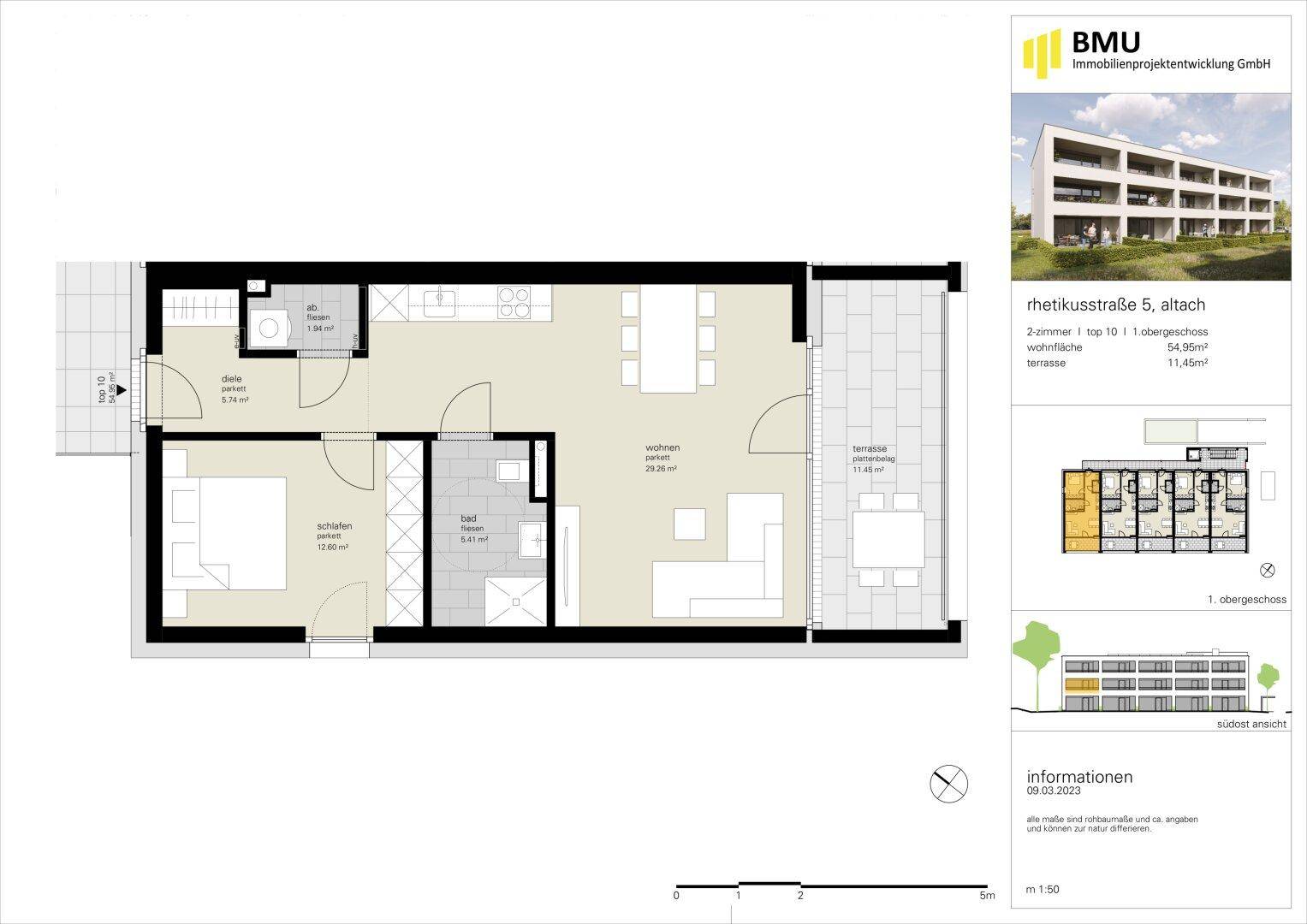 Grundriss einer 2-Zimmer-Wohnung im Obergeschoss mit Terrasse und offenem Wohnbereich.