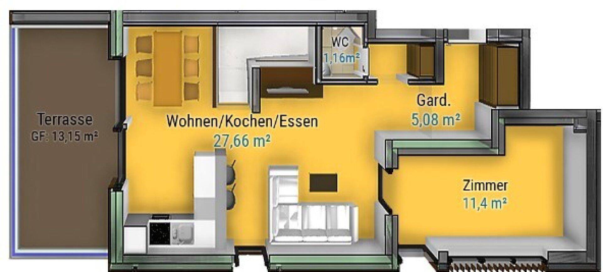 Grundriss des Erdgeschosses mit offenem Wohn-/Koch-/Essbereich und Terrasse.