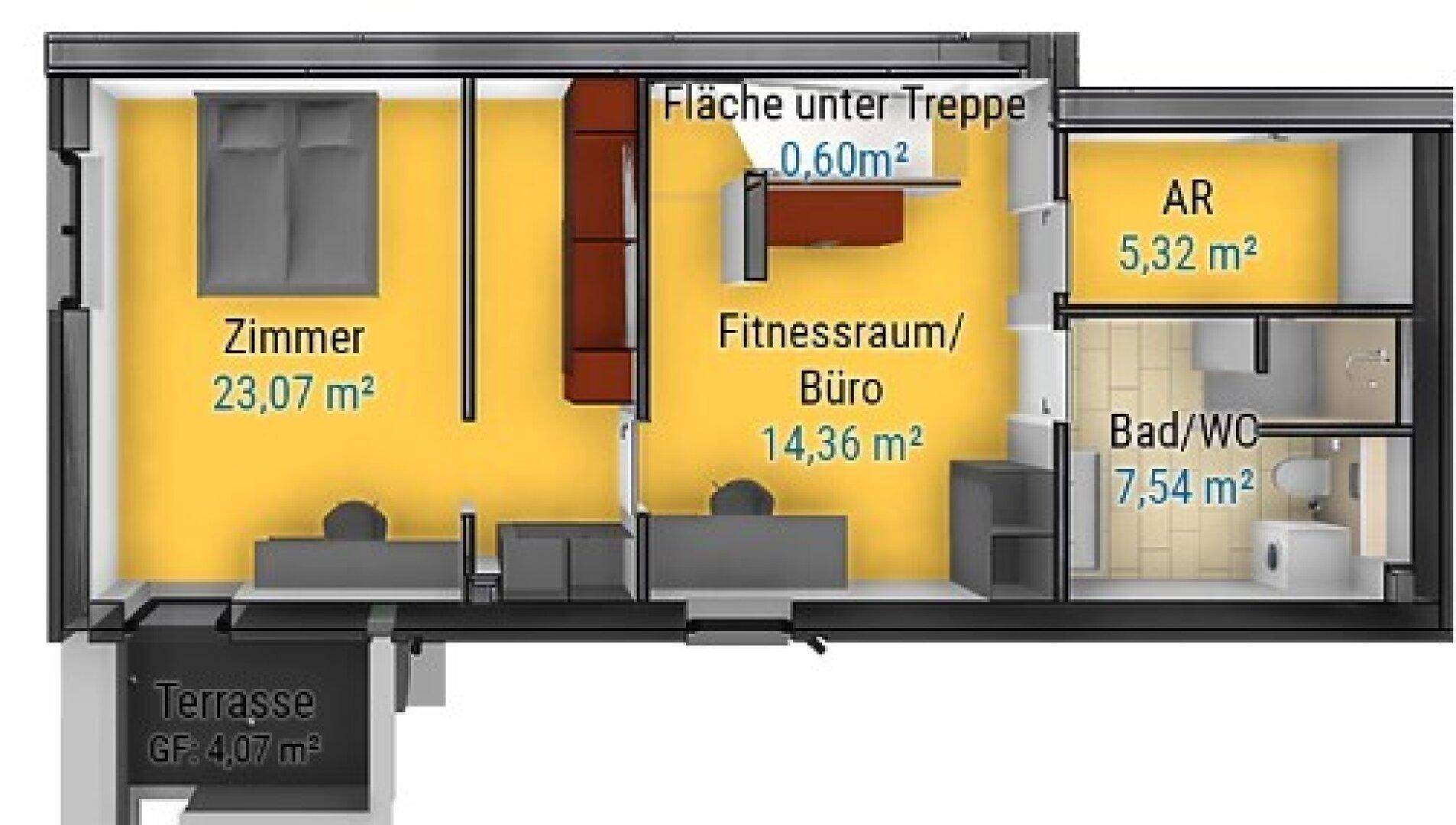 Grundriss des Obergeschosses mit Schlafzimmer, Fitnessraum und Badezimmer.