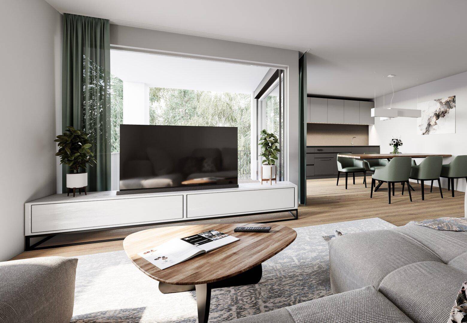Stilvoller Wohnbereich mit Holztisch, bequemer Couch und offener Küche im modernen Design.