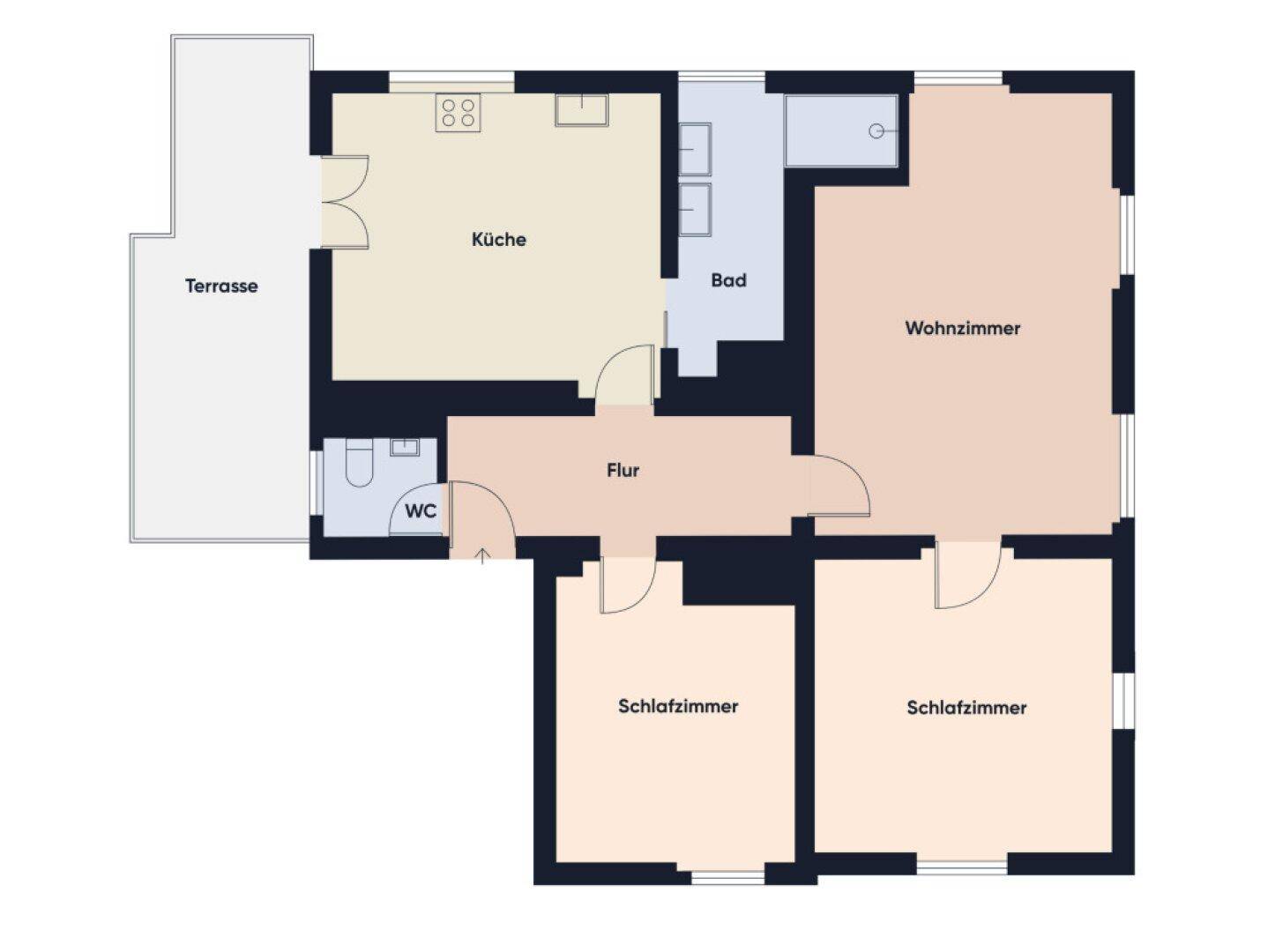 Dieser Grundriss zeigt eine gut aufgeteilte Wohnung mit Terrasse, Wohnzimmer, Küche und zwei Schlafzimmern.
