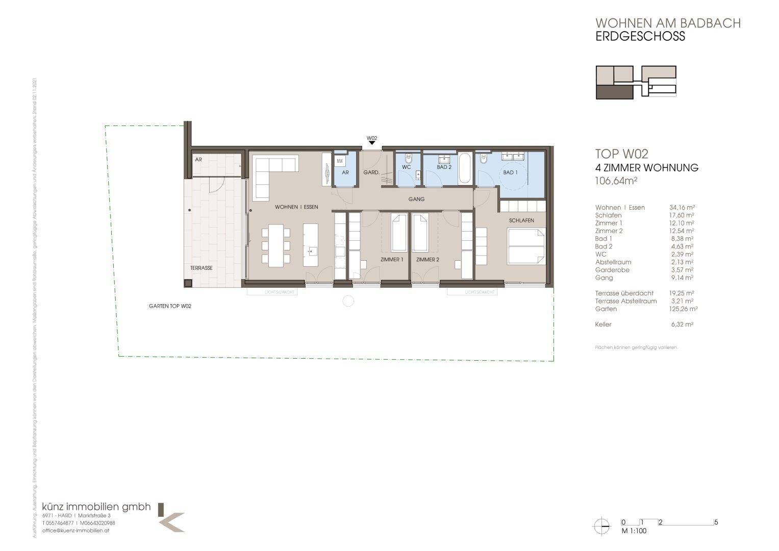 Grundriss einer 4-Zimmer-Wohnung im Erdgeschoss mit Terrasse und Garten.