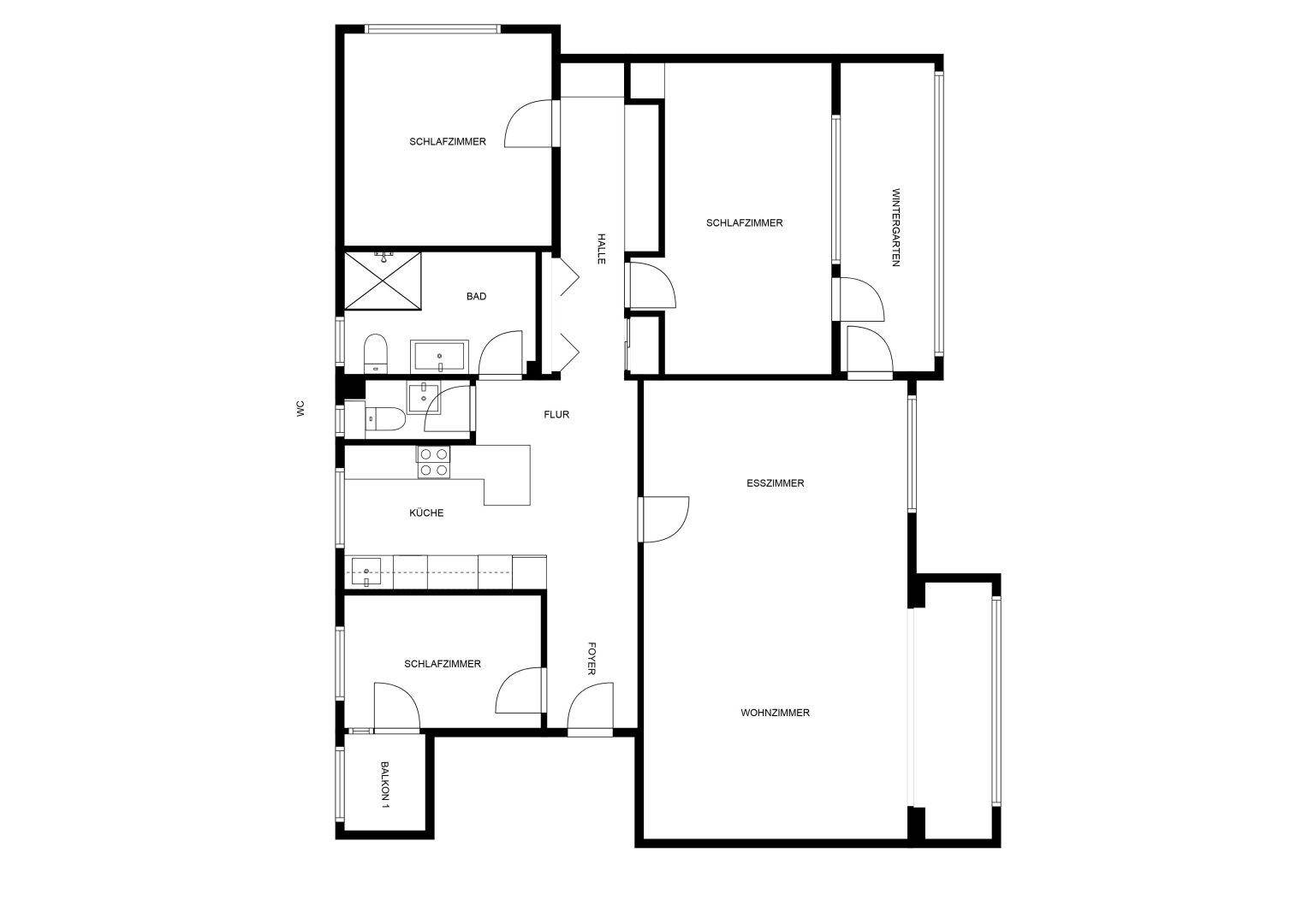 Detaillierter Grundriss mit drei Schlafzimmern, Wohnzimmer, Esszimmer, Küche und Wintergarten.